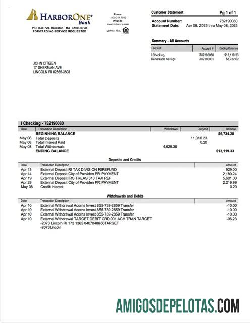 Modelo realista de extrato de conta bancária HarborOne dos EUA em Word e PDF
